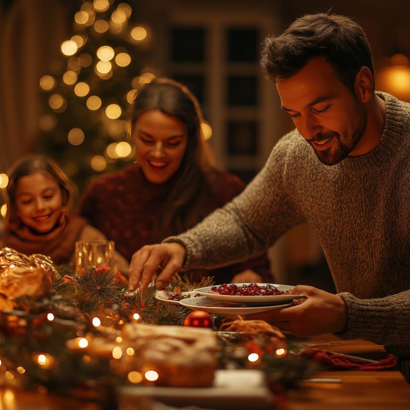 Eine Familie sitzt um einen Tisch an Weihnachten