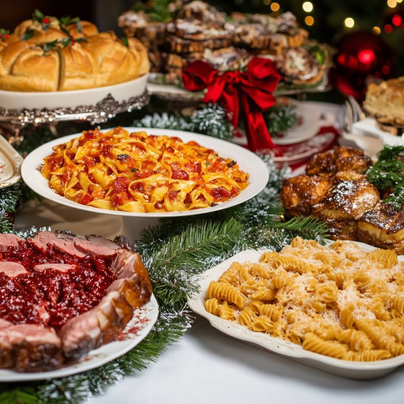 Verschiedene italienische Weihnachtsgerichte auf einem großen, festlich dekorierten Tisch