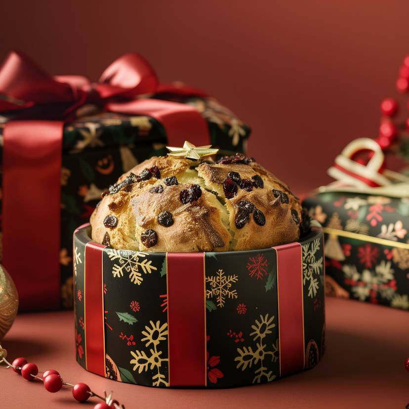 Selbst gebackene Panettone in einer weihnachtlichen Geschenkschachtel auf einem Tisch