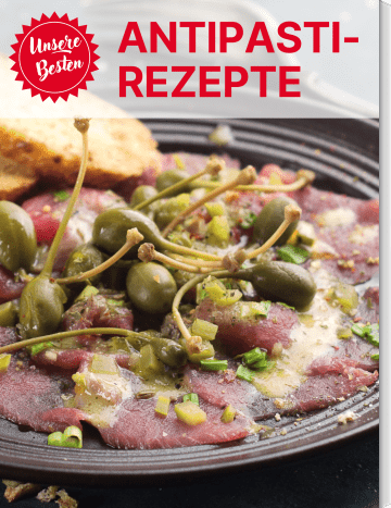 Raffiniertes Rindercarpaccio mit Kapernäpfeln auf dem Cover von „Unsere Besten: Antipasti-Rezepte“