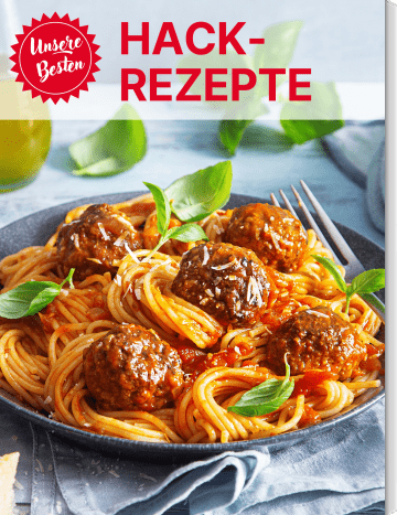 Spaghetti mit Hackbällchen auf dem Cover von „Unsere Besten: Hack-Rezepte“