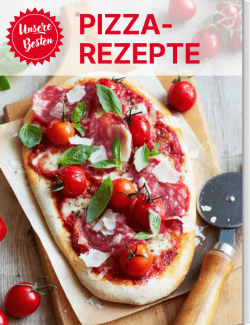 Salamipizza mit Kirschtomaten auf dem Cover von „Unsere Besten: Pizza-Rezepte“