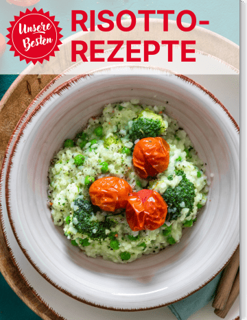 Vegetarisches Risotto mit Brokkoli, Erbsen und Tomaten auf dem Cover von „Unsere Besten Risotto-Rezepte“