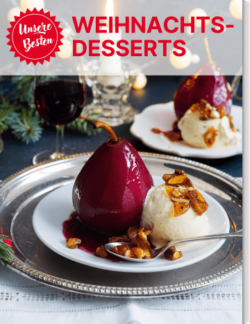 Rotweinbirne mit Marzipaneis auf dem Cover von „Unsere Besten Weihnachtsdesserts“